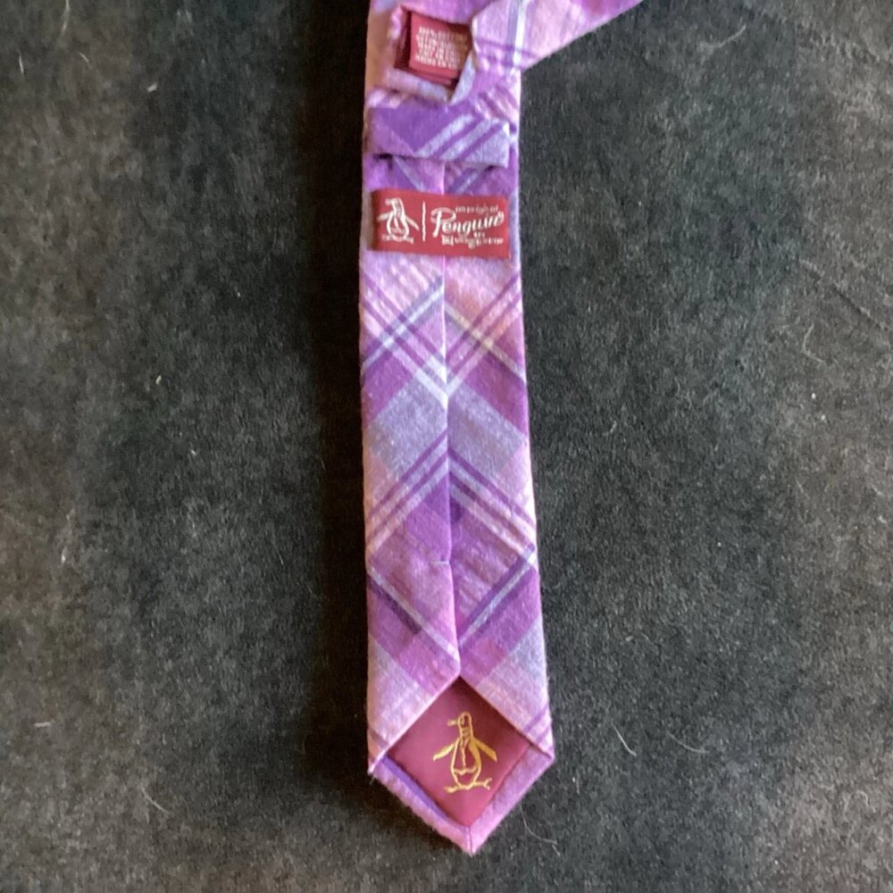 Original Penguin Men's Cotton Skinny Tie Purple Plaids - Picture 3 of 4